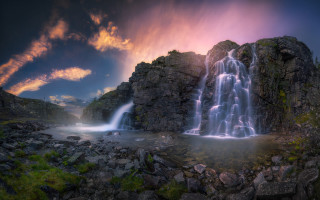 Waterfall rocky landscape sunset fantasy - a sunset free wallpaper for desktop