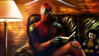 Deadpool couch lamp book photorealism - comic book free wallpaper