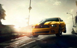 Yellow mustang city street 3d - a white truck free wallpaper