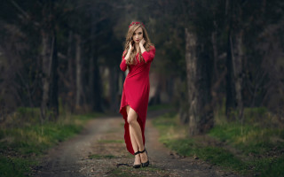 Woman red dress woods blonde - a path free wallpaper