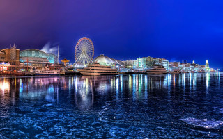 City skyline ferriswheel night water - a ferris free wallpaper
