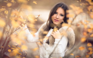 Woman white coat autumn fireflowers - yellow flower and trees free wallpaper