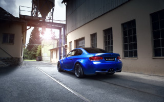 Blue car building street bridge - the sidewalk free wallpaper