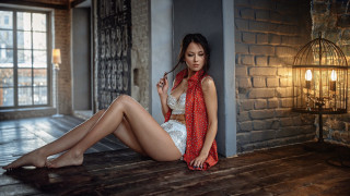 Woman sitting brickwall redscarf fashion - a floor next free wallpaper