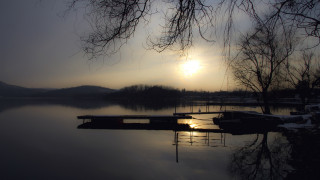Lake dock boat sunset forest - the cloud free wallpaper for desktop