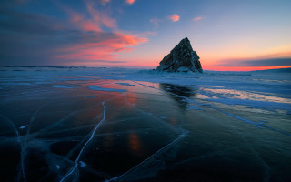 Frozen lake rock formation sunset - lake free wallpaper