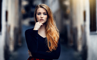 Red haired woman alleyway portrait - narrow free wallpaper