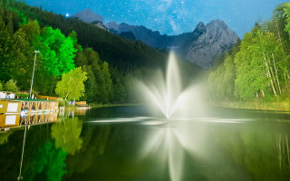Fountain lake mountains starry sky - a blue sky free wallpaper for desktop