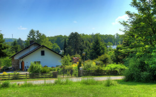 House field fence forest blue - bracha l. ettinger free wallpaper