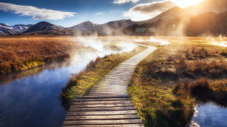 Wooden path mountains lake sunset - a wooden path free wallpaper