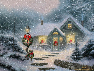 Christmas scene house lantern snow 2 - a christmas wreath free wallpaper