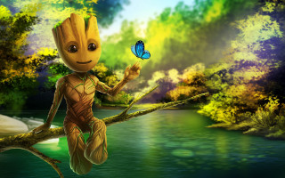 Cartoon character butterfly forest river - a branch in a forest free wallpaper