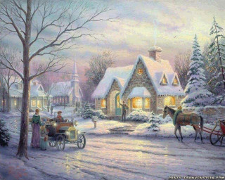 Horse carriage snowy village fineart - thomas kindkade free wallpaper