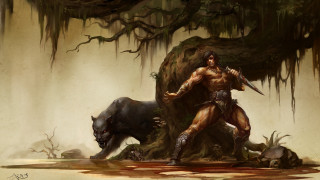 Man sword boar forest fantasy - chris rahn free wallpaper