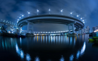 Bridge night city lights moon - aimitsu free wallpaper for desktop