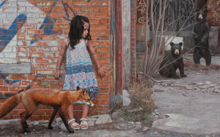 Girl fox brick wall city - a hyperrealistic painting free wallpaper for desktop