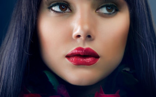 Gothic photorealistic portrait blackhair redlips - red lipstick free wallpaper