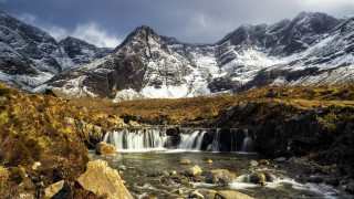 Mountain waterfall stream landscape cloudy - archibald skirving free wallpaper