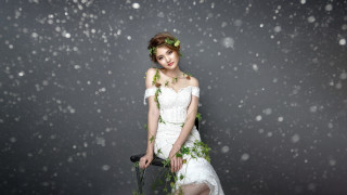 Woman white dress umbrella snow 2 - chen jiru free wallpaper for desktop