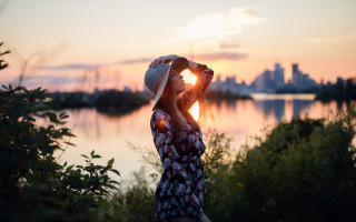 Woman lake sunset hat city - free vintage wallpaper
