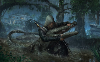 Man crocodile forest rainhouse building - game art free wallpaper