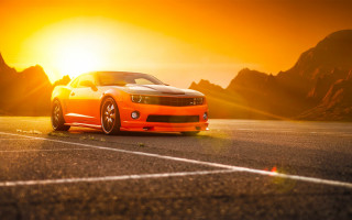 Car sunset mountains pavement horizon - a line free wallpaper