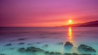 Sunset water rocks mountain mystical - orange sun free wallpaper