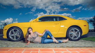 Woman yellowcar clouds outdoors militaryjeans - the ground next free wallpaper