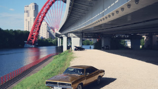 Car bridge river mountain scenery - american romanticism free wallpaper for desktop