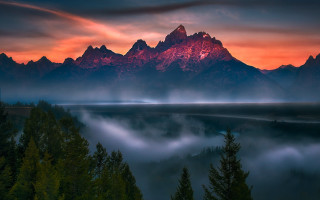 Mountain range red sky clouds 6 - mystical free wallpaper
