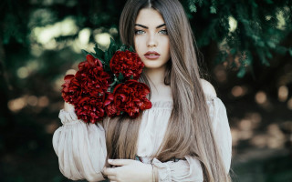 Woman holding flowers portrait roses - long hair holding free wallpaper