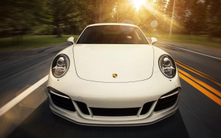 White sports car sunlight headlight - the hood free wallpaper