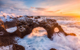Rocky beach waves sunset clouds - artur grottger free wallpaper