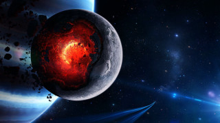 Red black space planet stars - a blue planet in the background free wallpaper