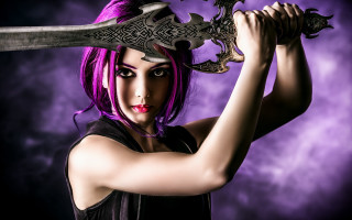 Purple haired sword wielding woman - purple hair holding free wallpaper