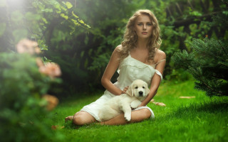 White dress woman dog nature - a grassy area free wallpaper