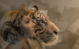 Woman kissing tiger masked geometric - a mask free wallpaper