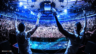 Two men hands up crowd - concept art free wallpaper