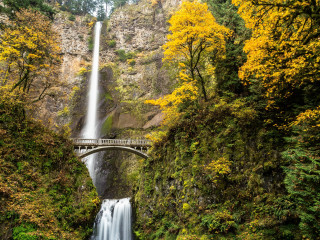 Waterfall bridge forest autumn tilt - alson s. clark free wallpaper