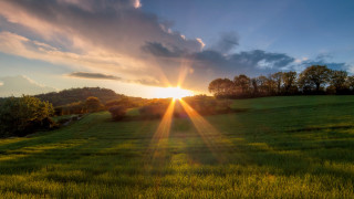 Sunset field trees clouds mountain - anamorphic len free wallpaper for desktop