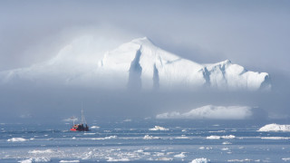 Boat mountain iceberg fog beach - volumetric fog free wallpaper