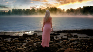 Woman pink dress rocky shore - a pink dress free wallpaper for desktop