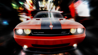 Red car driving street headlights - motion blur free wallpaper