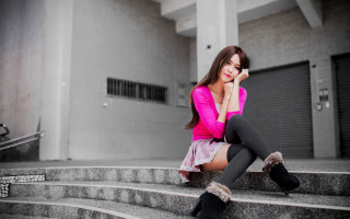 Woman sitting cosplay brown eyes - the step of a building free wallpaper