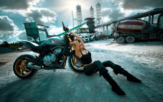 Woman motorcycle factory sky clouds - the ground next free wallpaper for desktop