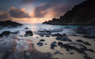 Beach rocks water sunset cloudy - sun free wallpaper for desktop