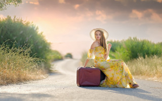 Yellow dress hat suitcase outdoor - a sky background and grass free wallpaper