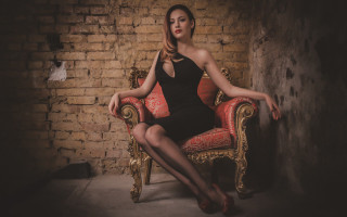 Woman black dress red chair - art nouveau free wallpaper