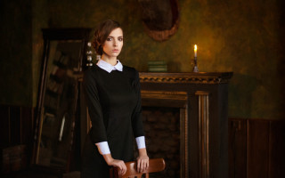 Gothic woman blackdress fireplace chair - a room free wallpaper for desktop