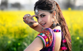 Woman dress flower field selfie - a colorful dress free wallpaper